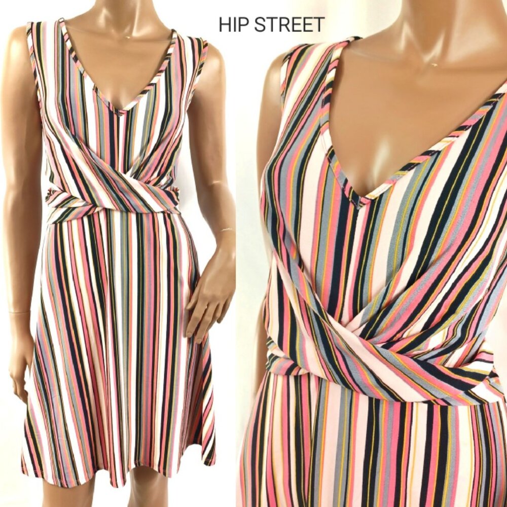 CANDIE'S Sleeveless Stripe V Neck Fit and Flare Stretch Dress L